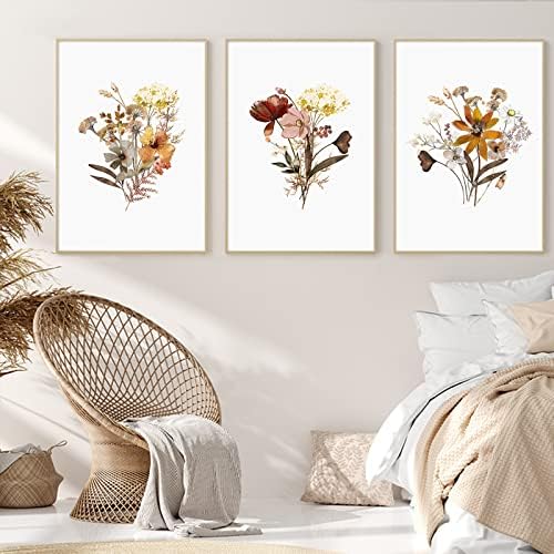 Акварел ботаничка wallидна уметност сет за печатење од 3 гроздобер цветни платно wallидни уметности жолти диви цвеќиња уметност цветна слика