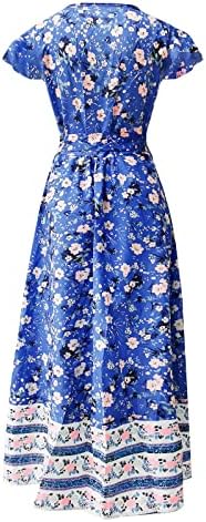 Фустан за замав со мијашуи со џебови дами лето лето -обичен цвет цветниот принт со високи половини ремени со краток ракав, соблечен