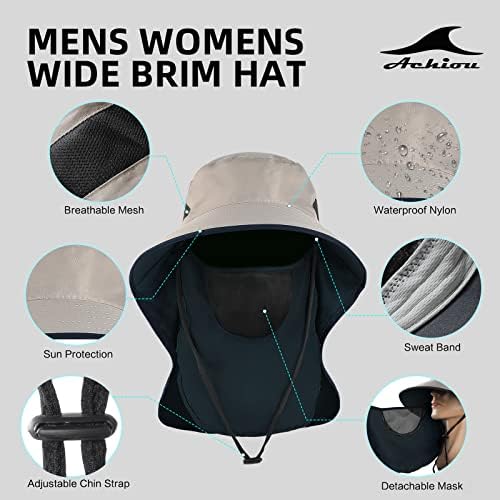 Ахио риболов капа за мажи, широк облик на Сонцето за заштита на сонцето upf 50+, водоотпорна капа од капа со капа со капаче за вратот на вратот
