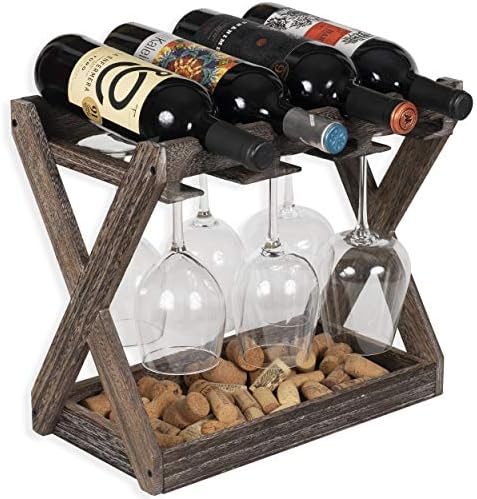 Rustic State Cava Countertop цврсто дрво решетката за вино за 4 шишиња и 6 држачи за стакло од стакло од чаша за складирање на таблети за складирање