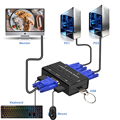 RYBOZEN 2 ПОРТ USB VGA Kvm Прекинувач со 2 Кабли, KVM Прекинувач VGA Селектор ЗА 2pc Споделување На Еден Видео Монитор и 3 USB