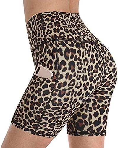 Јангијски женски леопард печати високи половини од јога -шорцеви контрола на стомакот Атлетски шорцеви со џебови кафеави