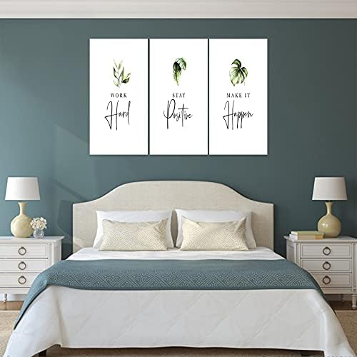 3 парче инспиративна wallидна уметност, изреки на бели растенија слика, цитати „работа престојувајте го тоа“ платно отпечатоци за канцелариски