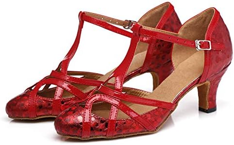 Женски сјајни сјајни салса танго салата за латински свадбени чевли со ниска потпетица 6 см, црвена, модел 2040, 5,5 б САД