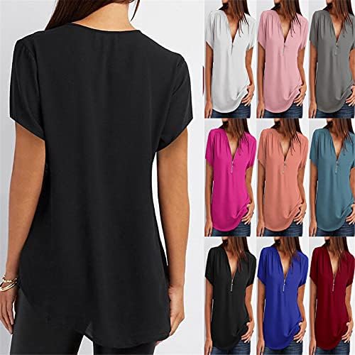 Andongnywell Women Women Solid Color Zipper V-Neck Casual Tops маица лабава блуза со кратки ракави со кратки ракави лабава шифон