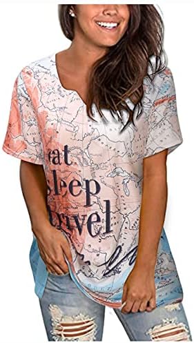 Врвот на вратот за жени лето лето-обичен бохо мапа печати краток ракав лабава маица блуза Топ кошула на жени