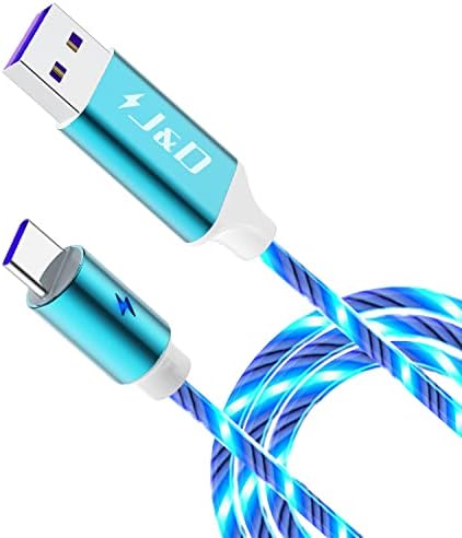 J & d кабел за USB тип Ц, LED светло за брзо полнење кабел, C порта 5а Брзо полнење жици за полнење USB тип Ц кабел за полнење
