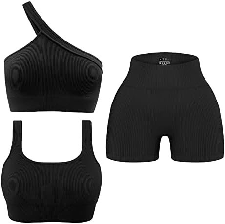 Комплети за тренингот на Olchee Womens 3 парчиња - Беспрекорна ребра со јога облеки Спортски градник Едно рамо врвни велосипедисти салата