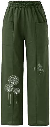 Постелни панталони за жени обични глуварче печати харем панталони со џеб боемски еластични лабави лабави панталони панталони