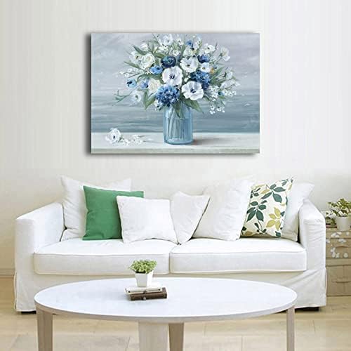 Гроздобер цвеќиња платно wallид уметност сина бела цветна платно сликарство ретро цвеќиња во вазни платно слики сини океански галеб