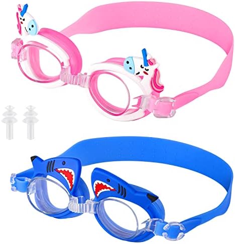 Foaincore 2 пара деца дете за пливање за пливање против магла УВ-пливање очила со ушни приклучоци за девојчиња момчиња на возраст