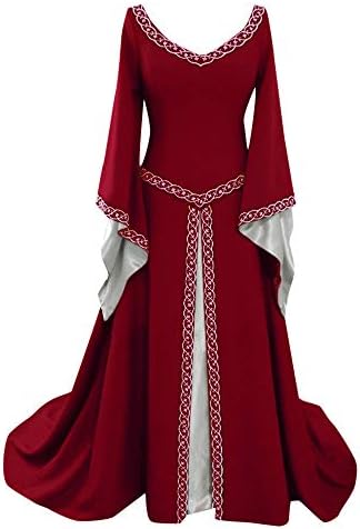 Фустани обични фустани за жени со долги ракави V-вратот на средновековен фустан Должина на подот, широко распространет елегантен партиски фустан
