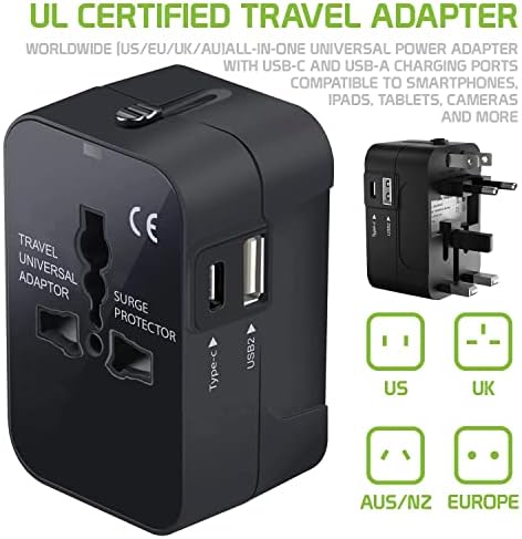 Travel USB Plus Меѓународен адаптер за електрична енергија компатибилен со ZTE Imperial за светска моќ за 3 уреди USB TypeC, USB-A за патување