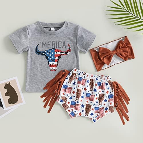 Jlkgicf 4 -ти јули бебе девојче облека облека западно бебе девојче облека Американско знаме печати кратки ракави кошула за