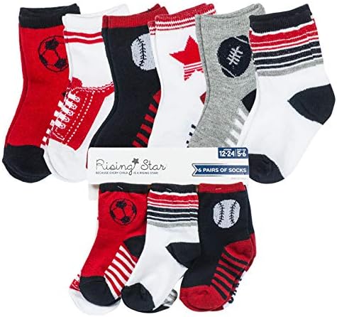 Спортски чорапи за бебиња за момчиња - Дизајн на спортски топки - црвен и бел фудбалски фудбалски бејзбол - 6-12 месеци - 6 пакувања