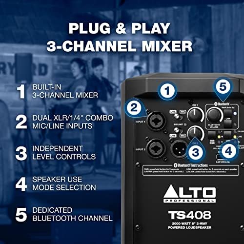 Alto Professional TS408 - 2000W 8 Напојувани диџеи звучници, PA System со 3 канали миксер, Bluetooth стриминг, безжично поврзување,
