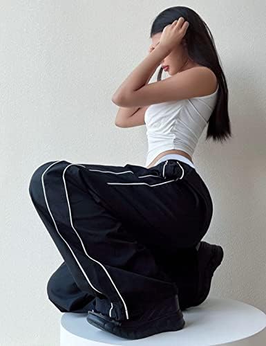 Pantsенски панталони за женски панталони со широка нога еластична половината со широка нога опуштена лабава карго падобран панталони улична облека