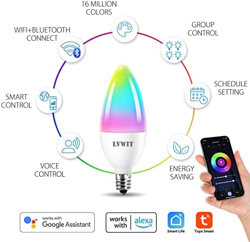 Lvwit Паметна Сијалица, B11 Smart Candelabra LED Сијалица, E12 База WiFi Лустерот Сијалица, Промена На Бојата, Затемнување, Работа