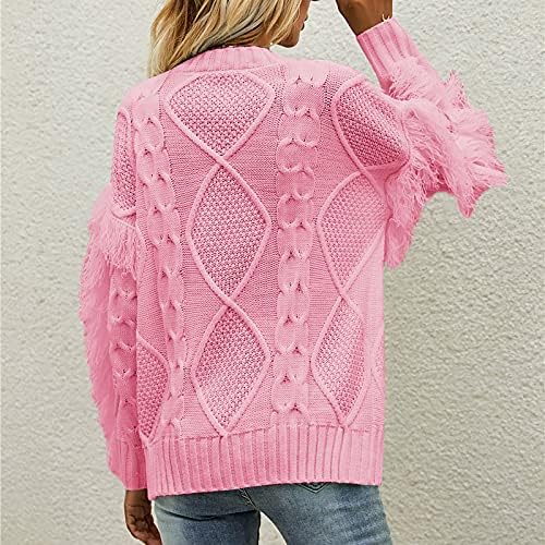 QXDLDHT женски џемпер обичен тркалезен врат плетен цврста боја со долги ракави ласеви пуловер Шерпа пуловер дуксер дуксер