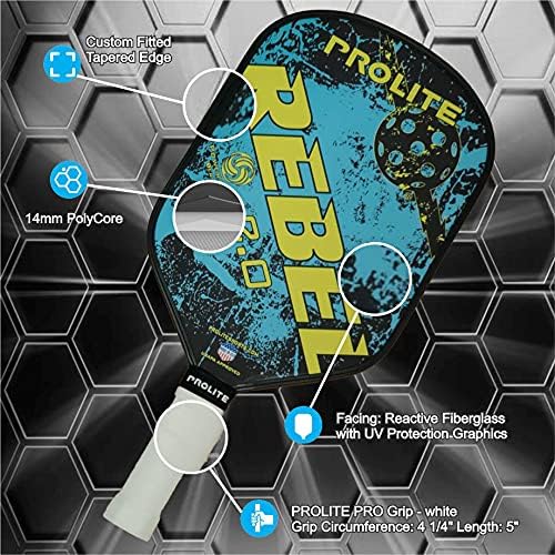 Prolite Rebel Powerspin 2.0 Pickleball лопатка - реактивна фиберглас со УВ -заштита графика и поликор од 14 мм - направена во САД од