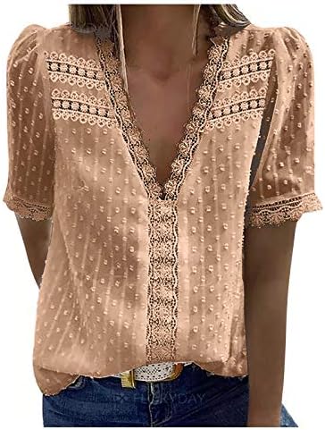 Трендовски елегантни маици за жени секси V вратот цветна чипка од капчиња од капчиња на екипатот на кратки ракави обични кошули блузи