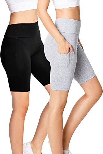 Амбиентална облека за жени јуниори со високи јога шорцеви w џебови, 2 пакувања