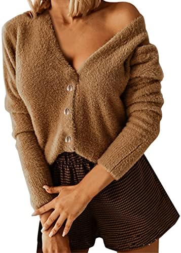 Fzylqy жени отворена предна нејасна јакна со долг ракав плетен лесен џемпер копче надолу со кошула Шакет удобна лабава блуза палто