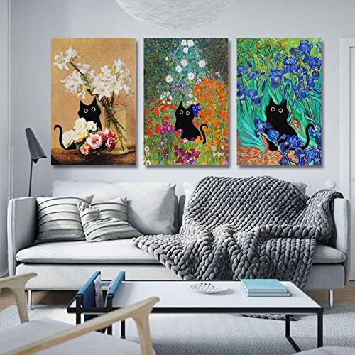 Weershun Vincent van Gogh сет од 3 слики на масло од постери на платно црна мачка смешна животинска постер 90-тина платно, естетски декор