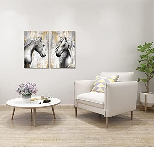 Zlove 2 парчиња Поставете коњско платно wallидна уметност сива и златна животинска коњска двојка слика печатење на платно за спална