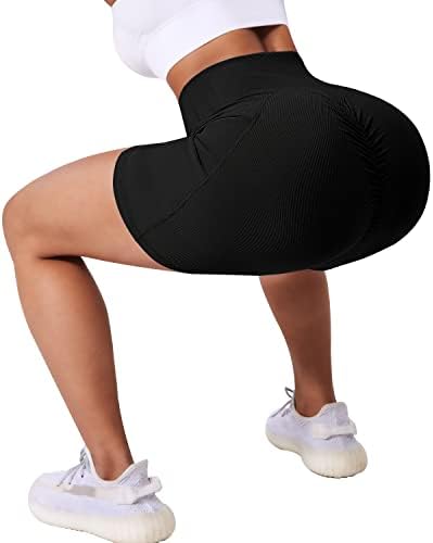 Shortsилја женски ребрести крстовички тренинзи со шорцеви за кревање на задниот дел од џебови со џебови со високи половини со вајкерски
