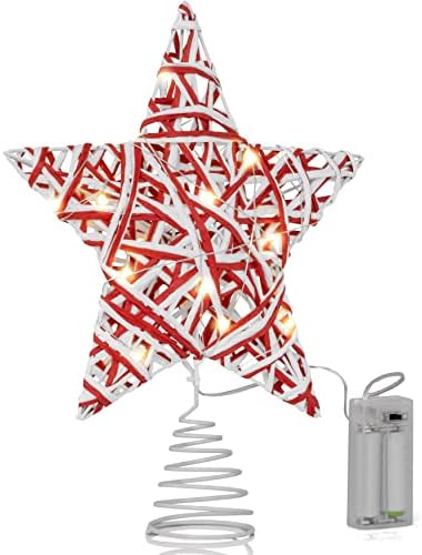 Орнаментика Божиќ Treeан Дрво Топпер-Црвена И Бела Божиќ Рустикална Ѕвезда ПРЕДВОДЕНА Светло Дрво Врвот Украс Декорација