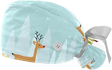 Медицински капачиња за жени со копчиња долга коса, 2 парчиња прилагодливо работно капаче, Божиќни снегулки на сина дрвена
