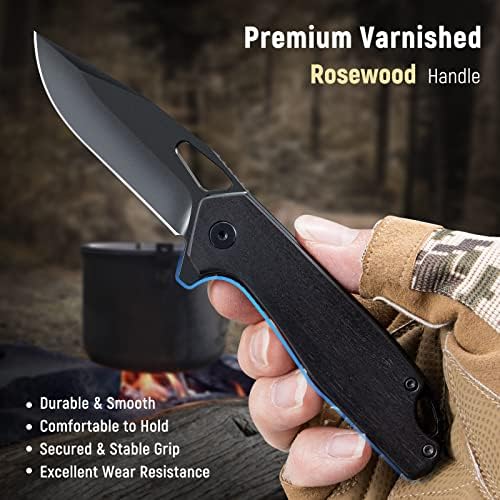 Kexmo џебен нож за мажи - 2,96 '' Ultra Sharp D2 Blade Ebony рачка со преклопен џеб нож со клип - мал нож за дрво ЕДЦ за опстанок кампување лов