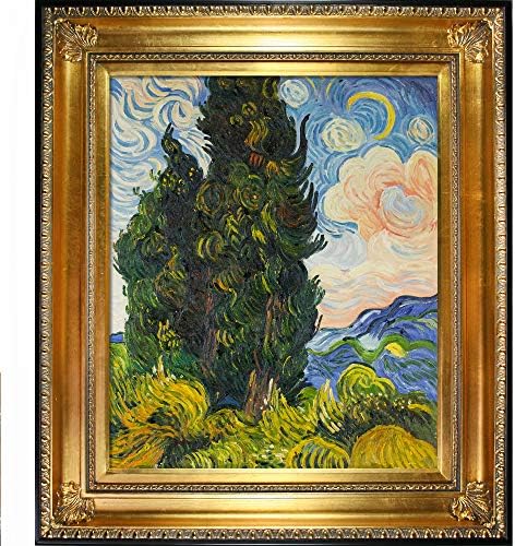 Overstockart van Gogh 2-Cypresses масло сликарство со златна рамка од регенција, златна завршница, 32,5 x 28,5