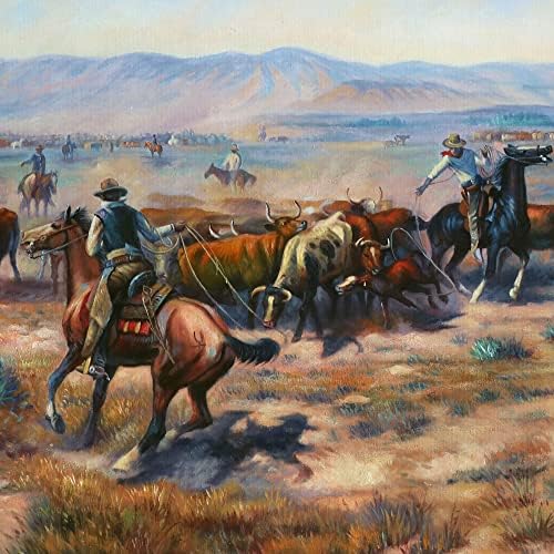 Репродукција на рачно насликано масло за сликање на Чарлс Мерион Расел, американски западен пејзаж, каубои што ја добиваат добиток,