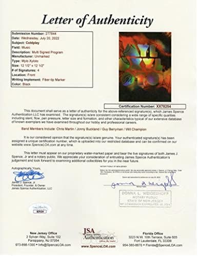 Колдплеј целосен бенд потпишан Autograph Mylo Xyloto Tour Program Book W/ James Spence Letter of Authenticity JSA COA - потпишан од Гај Бериман,