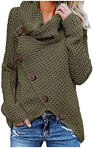 Cowl вратот есен случајни џемпери за жени со долги ракави, плетени цврста боја на блуза велосипед, исечено копче