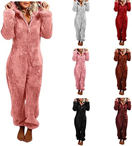 Ausyst Rompers за жени со долги ракави со аспиратор, симпатична пижами, цврста боја, случајна зимска топла облека за спиење, дуксери дома облекување