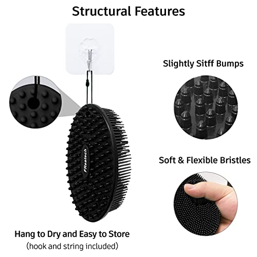 Freatech двојно еднострано силиконско тело чистач и шампон четка за четка за коса, масажер, црна боја, црна