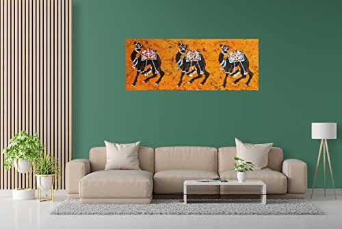 Dollsofindia 3 Royal Camels - 17,5 x 44 инчи - повеќебојно сликарство со батик на крпа - Необрането