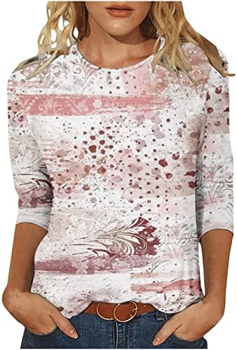 Womenените 3/4 ракави врвови низ целата цветна буква печатена блуза со модни кошули на вратот 2023 пролетно летно облека