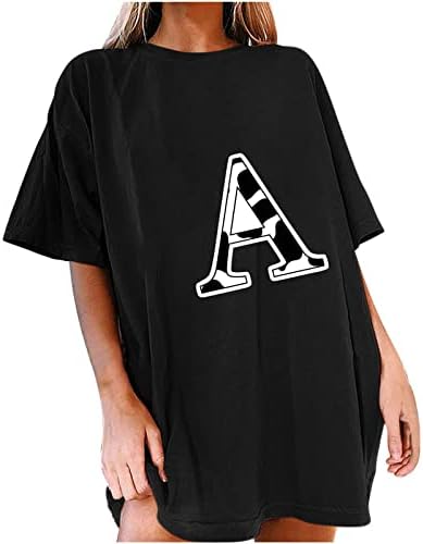 Туники за жени летни кратки ракави писмо печатење маички лабави екипаж капка рамо блузи врвови за жени