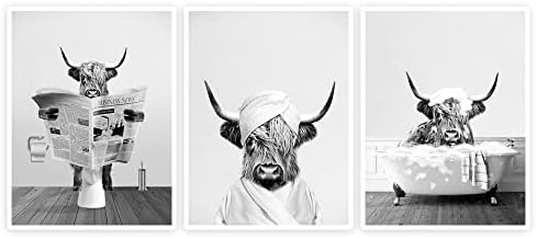 Ylyyoo Смешна висорамнината крава купатило бања wallидна уметност, црно -бело платно wallидна уметност фарма куќа бања wallид