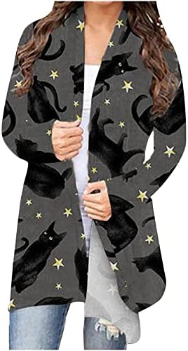 Ноќта на вештерките облека за жени, женски кардиган со долг ракав отворен предни кардигани целосни печатени обични удобни јакна