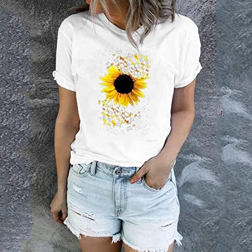 Letulенски летен маица врвови графичка забава сончогледна графичка кошула за жени симпатична цветна кратка ракав случајна маичка