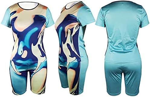 Така, жени, обични облеки со две парчиња кратки ракави 3Д -печатење на маички со маички поставени бои за 2 парчиња улична облека