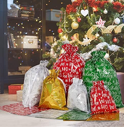 Tagh Chistmon Christmas Christmas Dragring Tags, 32 парчиња торби за завиткување на подароци во 4 големина и 4 дизајни, големи Божиќни торби
