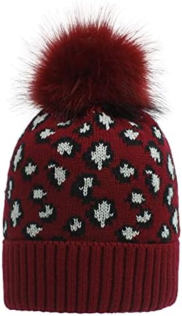 Womenените мода лабава леопард печати волна плетена капа топла ветровитска голема топче капа 3 парчиња капа