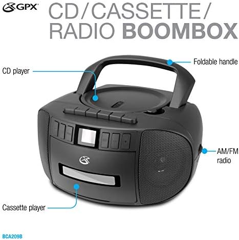 GPX BCA209B Преносен AM/FM Boombox со CD и касета плеер, црна