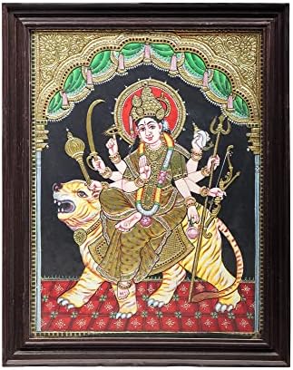 Егзотична Индија Аштабхуја божица Дурга Танјоре Сликање | Традиционални бои со 24к злато | Рамка од тиково дрво | Злато